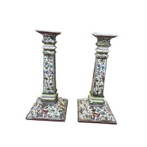 Portugal Pair folk art nature 13" tall column square candle holders SKU 9600